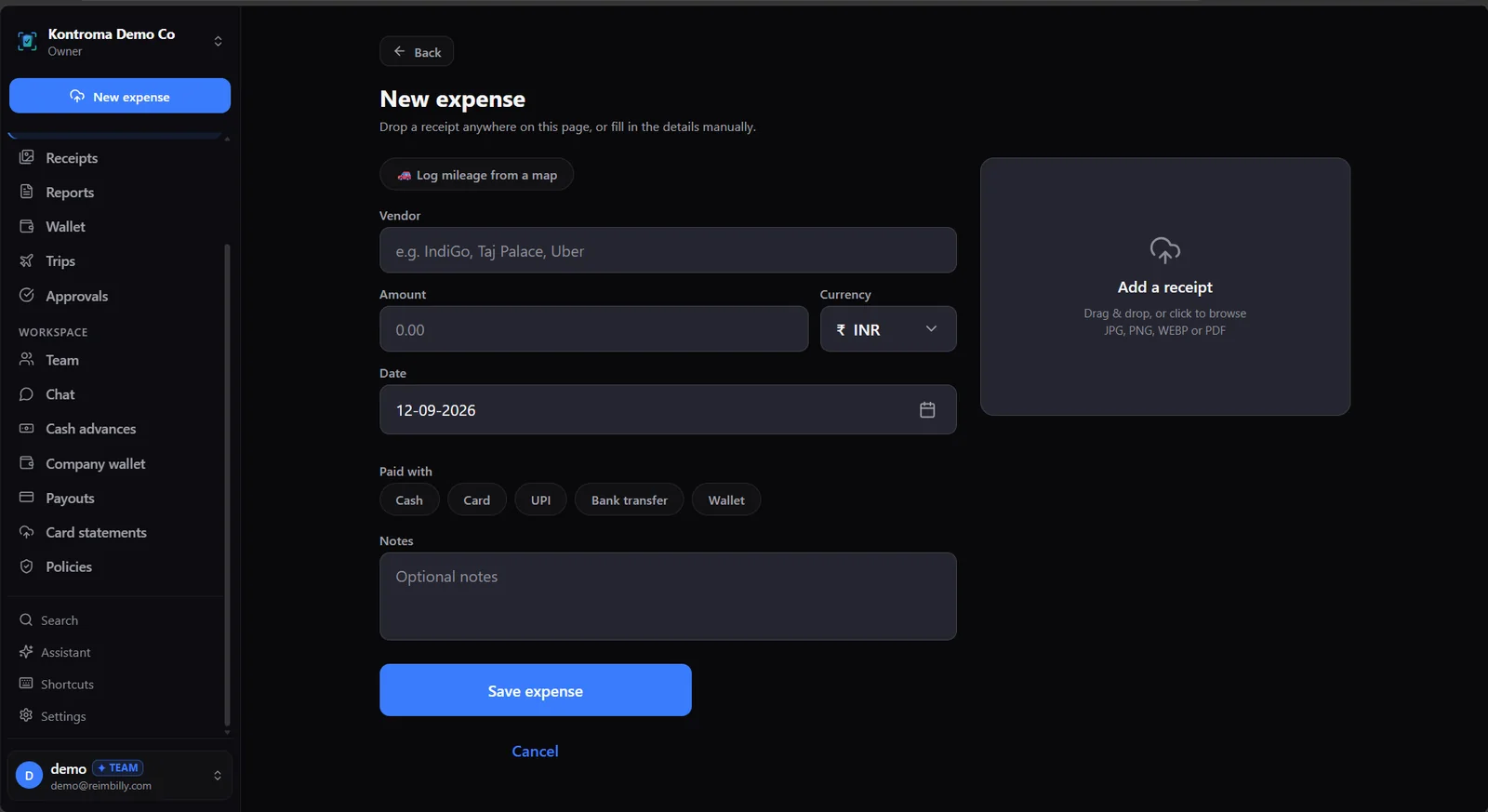 Reimbilly web app: new expense form with a receipt drop zone beside vendor, amount, currency, date and payment method.
