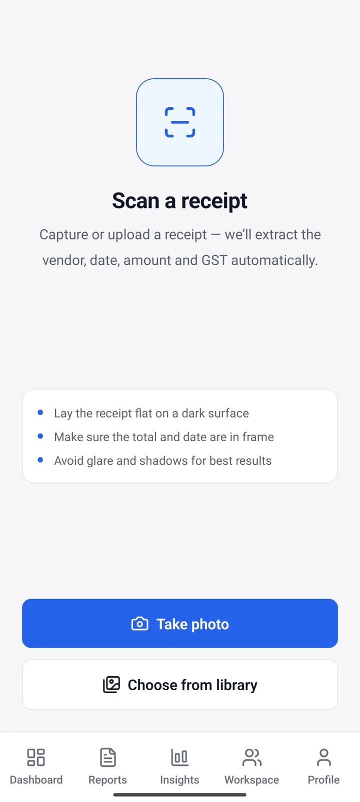 Reimbilly Android app: Scan a receipt screen with Take photo and Choose from library.